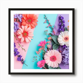 Colorful Flowers On A Purple, Pink And Blue Background Art Print