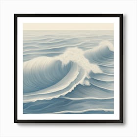 Ocean Waves Gentle Pencil Drawings Of Waves Highlighted With Shades Of Light Blue And Sandy Beige Poster