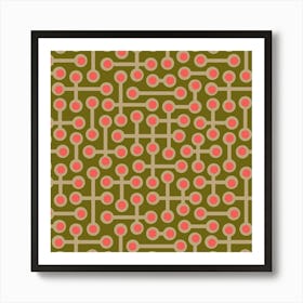 CIRCUITS Retro 1970s Mid Century Abstract Geometric Groovy Polka Dot in Vintage Pink and Beige on Olive Green Art Print