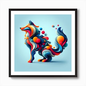 A Wolf, Minimalistic Colorful Organic Forms, Energy, Assembled, Layered, Depth, Alive Vibrant, 3d, Abstract, On A Light Blue Background Art Print