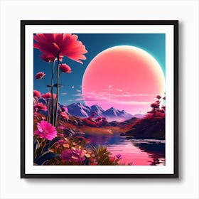 Pink Flowers In The Sky,Pink Flowers, sunset, read shade flowers, blue sky, beautiful location , sunset view, wall decorator Art Print