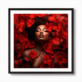 Beautiful Black Woman In Red Flowers Art Print