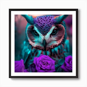 owl with dolphin colors, purple roses 7 Art Print