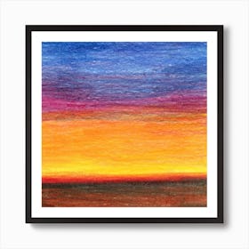 Drawn Sunset sunrise drawing colored pencil square orange yellow blue brown landscape abstract  Art Print