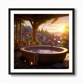 A Rustic Bath On A Deck Over Looking A Village Scene Bathed In The Ethereal Glow Of A Heavenly Realm Art Print