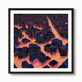 2d Illustration Of A Cityscape At Night Buildings Made Of Octagonal Fractal Patternneon Vibrant 617311733 Art Print