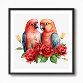 Couple Of Parrots With Roses 5 Art Print