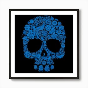 Blue Floral Skull Art Print