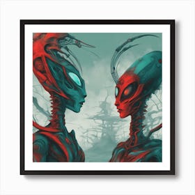 Alien Couple Painted To Mimic Humans, In The Style Of Surrealistic Elements, Folk Art Inspired Illu Art Print