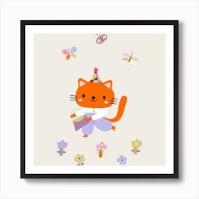 Cute cat with flowers and butterflies Art Print