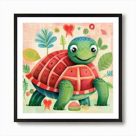 Turtle Watermelon Cute Animal Kids Wall Art Art Print