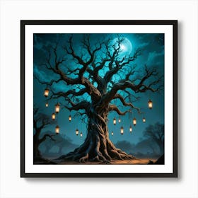 Ancient Tree With Lanterns Art Print