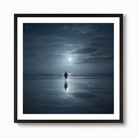 Man Standing On The Beach At Night Art Print