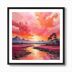 Acrilyc painting of a beautiful pink/orange sunset, painting Art Print