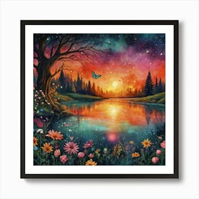 Sunset By The Lake The Magic of Watercolor: A Deep Dive into Undine, the Stunningly Beautiful Asian Goddess Art Print