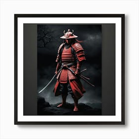 Lonely Japanese Red Samurai Warrior Stand In Dark Art 0 Art Print