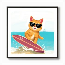 Orange Cat On Surfboard Art Print