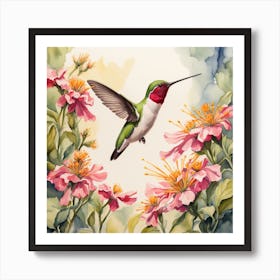 Ruby Throated Hummingbird Gathering Nectar From Beautiful Flowers In An Idealic Setting With Perfec 545491767 Art Print