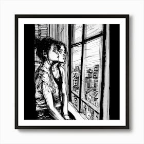 Two Girls Looking Out A Window Art Print