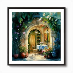 Quiet and attractive dining nook, overgrown flowers, high quality, detailed, highly 3D, elegant carved cart, 19 Art Print