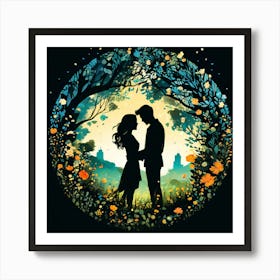 Love At First Sight, Silhouettes Of Two People Hugging Surrounded By Elements Of Nature Flowers Trees Growing Art Print