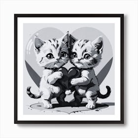 Black and White Kittens Holding A Heart Art Print