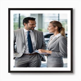 Businessman And Woman Talking In Car Showroom Art Print