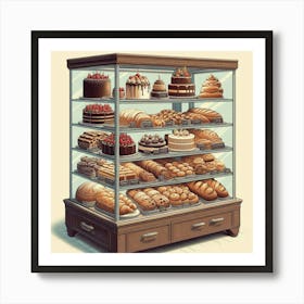 A digital painting of a bakery display case filled with delicious pastries, cakes, cookies, and other baked goods. The case is made of wood and glass, and the shelves are lined with a variety of baked goods. There are cakes of all different flavors, including chocolate, vanilla, and strawberry. There are also cookies, pastries, and other baked goods. The bakery display case is a mouthwatering sight, and it is sure to make anyone who sees it want to indulge in a sweet treat. Art Print