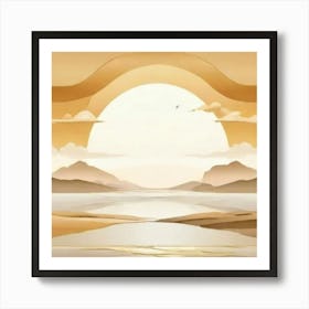 Sunset Over Water gold and beige Art Print