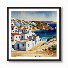 Aegean Village.Summer on a Greek island. Sea. Sand beach. White houses. Blue roofs. The beauty of the place. Watercolor. 1 Art Print
