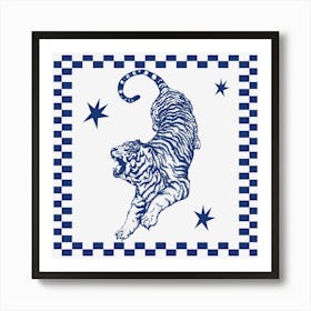 Tiger | Retro Tiger with Checkerboard Border 1 Art Print