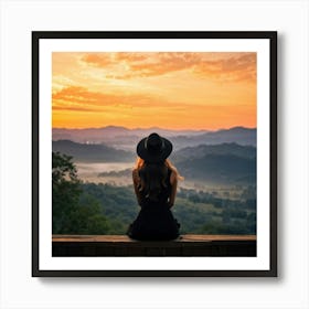 Woman In Black Hat Sitting Alone On A Wooden Balcony Overlooking A Hill Dotted Landscape Trees Al (3) Art Print