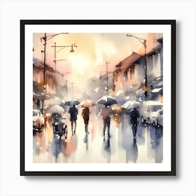 Watercolor Of People In a rainy city  Art Print