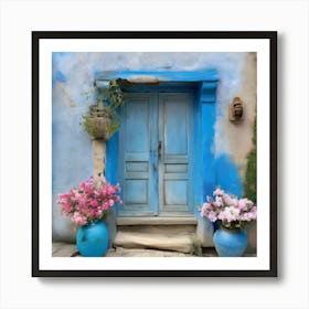 Blue wall. An old-style door in the middle, silver in color. There is a large pottery jar next to the door. There are flowers in the jar Spring oil colors. Wall painting.6 Art Print