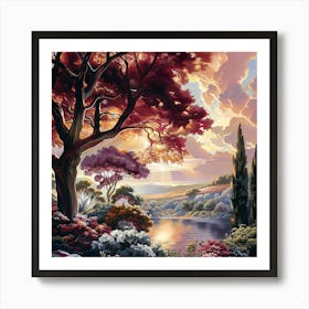 Crimson Canopy - Sunset Over The Serene Valley Art Print