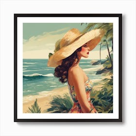 Pin-Up Seaside Beach Day Big Hat Art Print