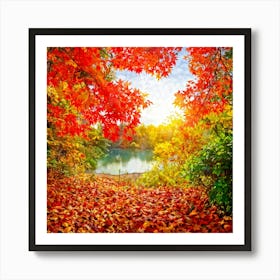 Autumnal Landscape Leaves In Vibrant Oranges Reds And Yellows Scattered Acorns Nestled Amidst Th (6) Art Print