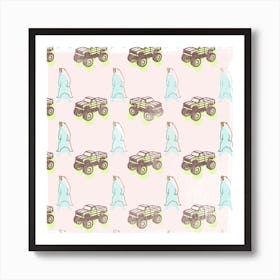 Bears And Monster Trucks pattern, illustration, wall art Art Print