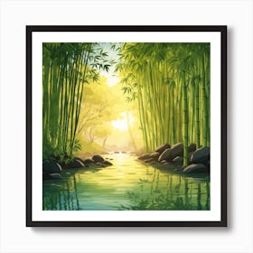 A Stream In A Bamboo Forest At Sun Rise Square Composition 88 Art Print