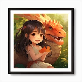 Cute Girl With A Dragon Anime 1 Art Print