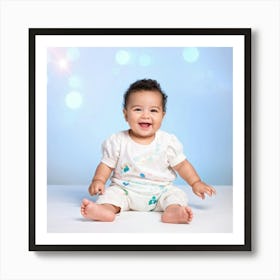 Beaming Infant Grinning Widely Seated In A Softly Lit Studio Space Pastel Colored Backdrop Offers Art Print