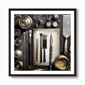Firefly A Masculine Vintage Italian Inspired Flatlay Of A Creative Workspace For Oil Painting, Styli Art Print