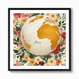 World Map With Flowers Art Print