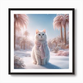 Digital Oil, Cat Wearing A Winter Coat, Whimsical And Imaginative, Soft Snowfall, Pastel Pinks, Blue (1) Art Print