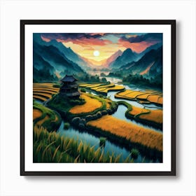 Beautiful views of rice fields, close to the river and surrounded by mountains, 17 Art Print