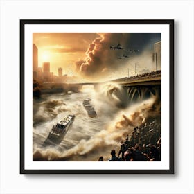 Evacuation At The Citys Edge A Dramatic Scene Unfolds As A Line Of People Pets And Emergency flee the city Art Print