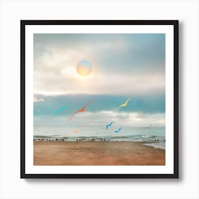 Colorful Seagulls In The Beach Square Art Print