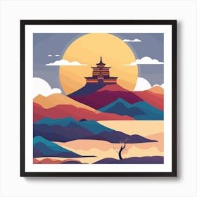 Chinese Landscape Painting Dawn Tibet Temple Meditation Art Print