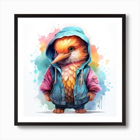 Watercolour Cartoon Hummingbird In A Hoodie 1 Art Print