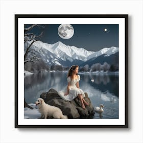 Girl With Dogs In The Snow Art Print